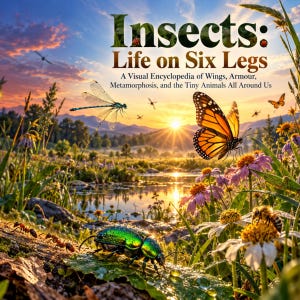 May include: A book cover titled Insects: Life on Six Legs, A Visual Encyclopedia of Wings, Armour, Metamorphosis, and the Tiny Animals All Around Us, featuring a monarch butterfly, a dragonfly, a green beetle, and ants in a sunset landscape.