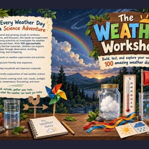 Może przedstawiać: Okładka książki The Weather Workshop przedstawia krajobraz z tęczą, górami i jeziorem. Zawiera szklany słoik z chmurą, termometr, rękaw wiatrowy, wiatraczek, wiatrowskaz, notatnik i zlewkę umieszczone na drewnianym stole.