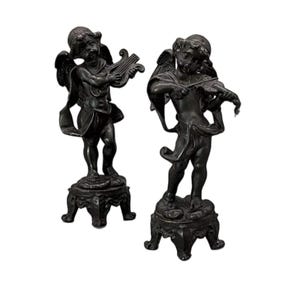 Set Of 2 Andrea Sadek Cast Iron Cherub Music Angel Figurines, CHERUBS ANGEL Lyre Violin Andrea by Sadek Bronze Cast Figures Music