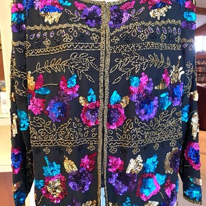Rare Drappers And Damons Petite Multicolor Heavily Beaded Sequin 100% Pure Silk Evening Jacket Size PM, Hand Beaded And Sequin Jacket
