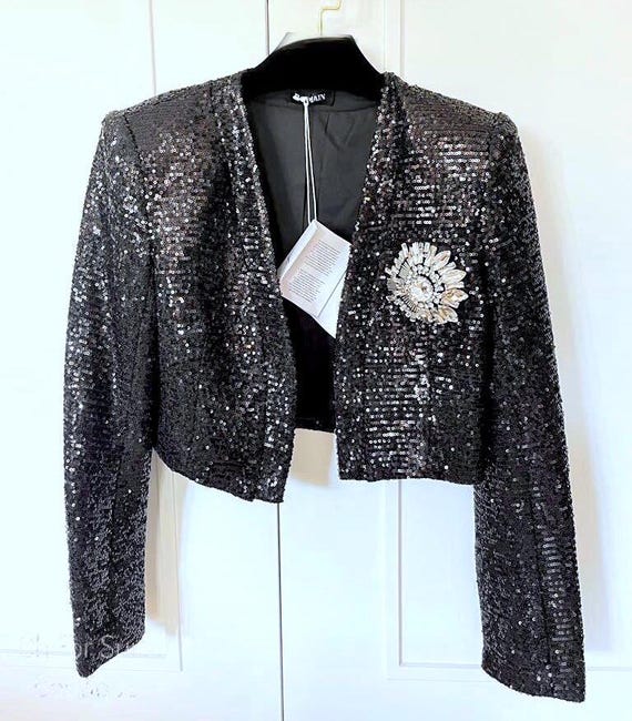 Balmain Black Sequin Cropped Blazer With Crystal Brooch Size S