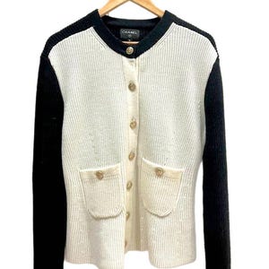 Chanel Beige Black Button Down Cardigan Sweater Size 36