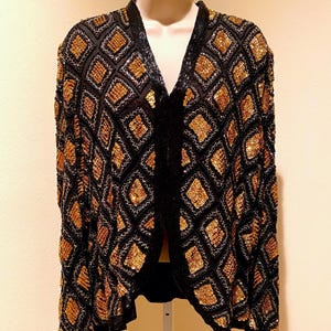 90s KUSK Pure Silk Gold Black Heavily Hand Beaded Sequin Diamond Shape Vintage Evening Cardigan Jacket Size 1XL, Rare One Of A Kind Cardigan