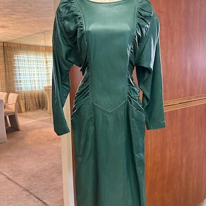 Vintage 90s Michael Hoban North Beach Leather Green Three Quarter Sleeve Retro Leather Dress Size S, Rare Designer Leather Dress,