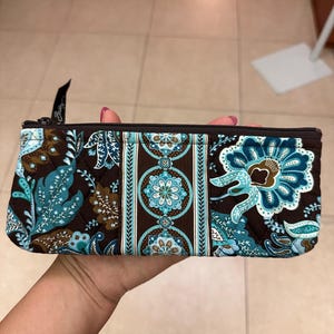 Vera Bradley Java Blue Brown Zip-Up Small Cotton Pouch, Makeup Cosmetic Holder, Pencil Holder, Small Pouch Bags, Makeup Brush Bag
