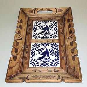1970s Hand-Carved Mexican Tile Wooden Serving Tray