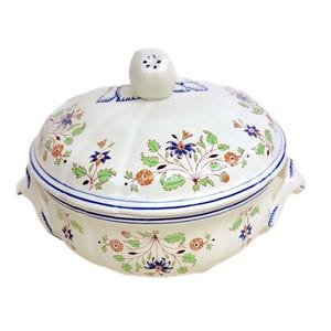 Longchamp France Moustiers Lidded Handled Footed Tureen, Lidded Soup Tureen, French Porcelain Lidded Pot Bowls