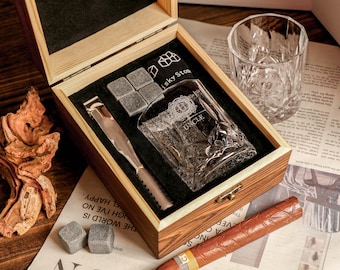 Personalized Whiskey Glass Set with Wooden Box,Groomsmen Gift,Bachelor Party Gifts,Groomsman Proposal, gifts for Men,Best Housewarming Gift.