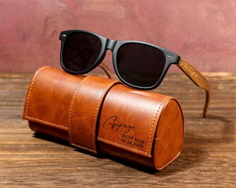 Occhiali da sole in legno personalizzati con scatola in pelle, occhiali da sole unisex incisi, regalo per uomo, regalo per sposo, occhiali da sole per sposo, regali per la festa del papà
