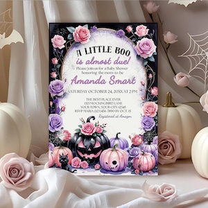 May include: A Halloween-themed baby shower invitation with the text "A Little Boo is almost due." The invitation features a black frame with pink and purple roses, pumpkins, and a black cat. The invitation is for Amanda Smart.