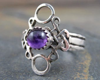 Amethyst Sterling Silver Ring - Size 6 - Celtic Filigree Scroll Solitaire