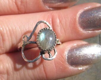 Blue Fire Labradorite Sterling Silver Ring - Size 7 - Abstract Asymmetrical Filigree Scrolling Band Ring