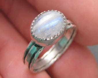 Banded Rainbow Moonstone Ring in Sterling Silver -  Size 6 -  Oval Blue Sheen Moonstone Cabochon