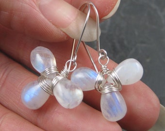 Blue Flash & Fire Three Teardrop Moonstone Earrings - Sterling Silver French Hook - Sterling Silver Moonstone Briolette Earrings