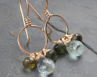 Green Tourmaline and Aquamarine Briolette Earrings - Gemstone Cluster Earrings - Stiff 14kt Gold Wire Hoop Hooks - Gold Tourmaline Earrings