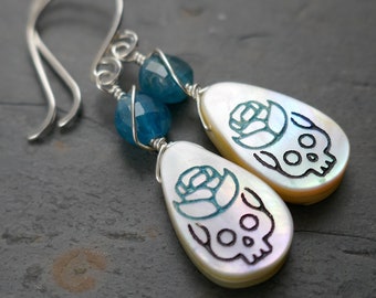 Sugar Skull and Flower Engraved Shell Earrings in Sterling Silver with Teal Blue Apatite - Carved Blue Rose - Old School Skull Earrings
