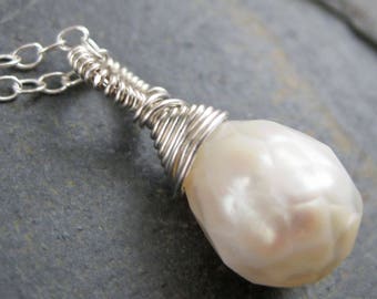 Solitaire Pearl Necklace - Faceted Pearl Charm with Sterling Silver Chain - White Pearl