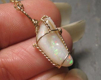 Welo Opal Nugget Charm -  Wire Wrapped 1.5 carat Ethiopian Opal in 14kt Gold - Rainbow Pinfire