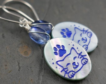 Mother of Pearl Kawaii Kitty Sterling Silver Earrings with Kyanite Accents - Engraved Shell Sterling Silver Earrings - Adorable Kitten