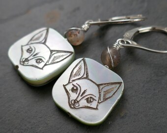 Brown Kawaii Fox Earrings in Sterling Silver with Tan Sunstone - Engraved Shell Sterling Silver Lever Back Earrings - Cute Critter Earrings