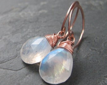 Rainbow Moonstone Rose Gold Earrings - French Hook Small Round Hoop - Teardrop Briolette with Blue Flash and Fire