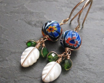 Vintage Murano Glass with Chrome Diopside and Mother of Pearl - Ercole Moretti Venetian Glass - 14kt Gold Millefiori Glass Earrings