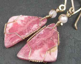Bubblegum Pink Rhodochrosite Gold Earrings with Morganite - Banded Rhodochrosite Slices Gold Wire Wrapped Dangle Earrings - Hippy Earrings