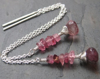 Pink Tourmaline Earring Threads - Baby Pink and Sterling Silver Ear Threaders - Silver Chain Earrings - Long Thin Dangles with Raw Gemstones