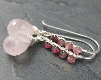 Watermelon Pink Tourmaline & Rose Quartz Earrings - Wire Wrapped Tourmaline Dangles - Faceted Pink Tourmaline Channel Set Earrings