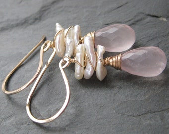 Petal Pink Rose Quartz Earrings with Pearl Clusters - Wire Wrapped 14kt Gold Earrings - Yellow Gold Rose Quartz Briolette Earrings