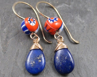 Vintage Murano Glass and Lapis Gold Earrings - Ercole Moretti Venetian Glass Beads - 14kt Gold Fill Drop Earrings with Lapis