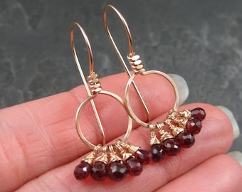 Gold Garnet Chandelier Earrings - Garnet Tassel Earrings - Dark Blood Red Garnet Briolettes - 14kt Gold Garnet Dangle Earrings