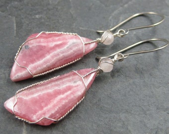 Banded Rhodochrosite Silver Earrings - Bubblegum Pink Rhodochrosite Slices Sterling Silver Wire Wrapped Dangles - Long Pink Crystal Earrings