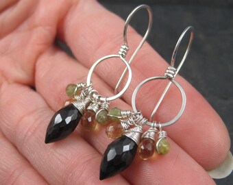 Black Spinel Briolette Earrings with Citrine & Grossular Garnets - Sterling Silver Wire Hoops - Circle Hook Earrings - Gemstone Cascade