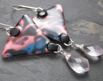 Cherry Blossom Sterling Silver Rose Quartz Earrings - Polymer Clay Metallic Pink and Blue -Modern Black Geometric Polymer Clay Earrings