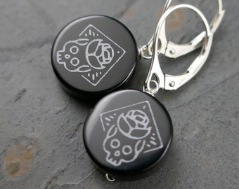 Tiny Skull and Rose Black Onyx and Sterling Silver Earrings - Sterling Silver Lever Back Earrings - Engraved Onyx Small Drop Earrings