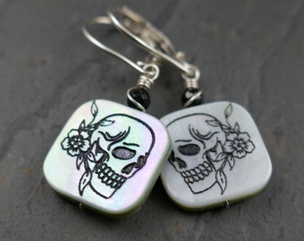 Old School Skull and Flower Engraved Shell Earrings in Sterling Silver - Sterling Silver Lever Back Ear Wires - Little Skull Earrings