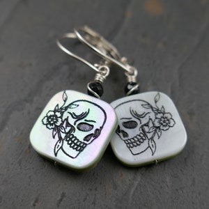 Old School Skull and Flower Engraved Shell Earrings in Sterling Silver Sterling Silver Lever Back Ear Wires Little Skull Earrings image 1