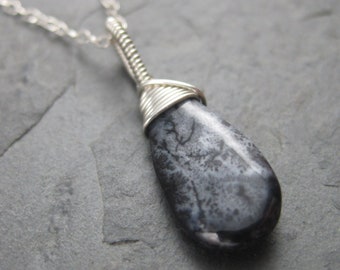 Snowy Night - Gray and Black Dendritic Opal Necklace Charm- Sterling Silver Chain - Smooth Tear Drop Briolette