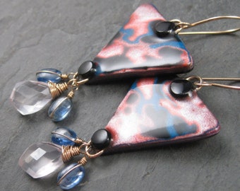 Cherry Blossom Rose Quartz Gold Earrings - Rose Quartz & Kyanite Gold Earrings - Pink and Blue Dangles - Mod Triangle Polymer Clay Earrings