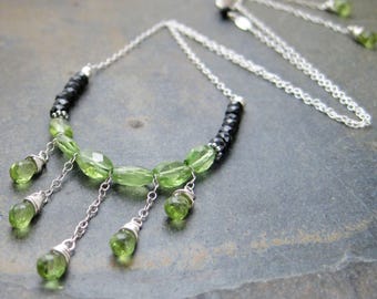 Peridot & Spinel Chandelier Necklace - Backdrop Necklace - Thin Chain Choker - Faceted Peridot Briolettes