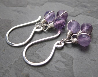 Tiny Amethyst Cluster Earrings - Faceted Light Purple Amethyst Crystals on Small Silver Hooks - Minimal Simple Elegance Amethyst Dangles
