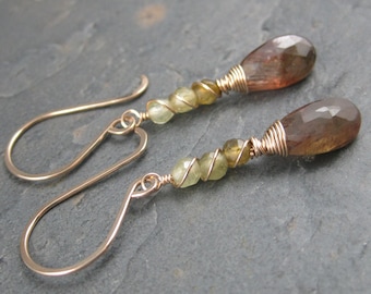 BiColored Andalusite and Shaded Grossular Garnets Gold Dangle Earrings - 14kt Gold Filled Wire Wrapped Briolette Earrings