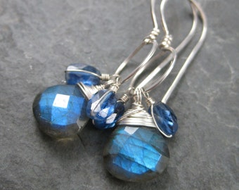 Cobalt Kyanite & Labradorite Briolette Earrings - Stiff Sterling Silver Wire Hoops - Circle Hoops - Long Modern Earrings Lightweight