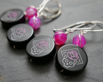 Tiny Sterling Skull Earrings - Engraved Black Onyx and Hot Pink Chalcedony - Sterling Silver Lever Back Earrings - Skull and Rose Punk