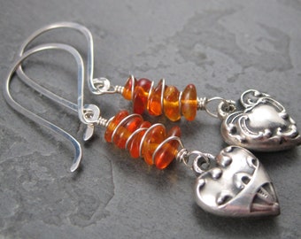 Baltic Amber Heart Charm Earrings - Wire Wrapped Sterling French Hooks - Dark Amber Nuggets with Vintage Sterling Silver Puff Hearts