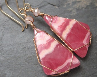 Banded Pink Rhodochrosite Gold Earrings with Morganite - Banded Rhodochrosite Slices Gold Wire Wrapped Dangle Earrings - Hippy Earrings