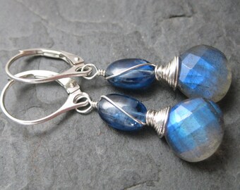 Blue Labradorite and Kyanite Sterling Silver Lever Back Earrings - Small Teardrops - Checkerboard Cut Little Briolettes with Brilliant Fire