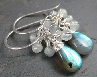 Silver Labradorite Earrings with Aquamarine - Long Sterling Silver French Hooks- Labradorite Aquamarine Cluster Earrings - Small Chandelier