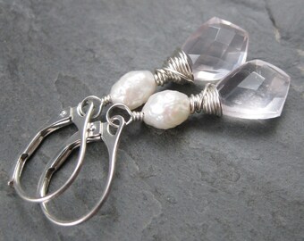 Cream Pearl and Rose Quartz Briolette Earrings - Sterling Silver Lever Back Earrings - Freshwater Pearl and Baby Pink Crystal Leverbacks